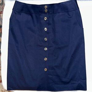 Talbots Navy Midi A Line Skirt Size 12  gold buttons on front. Stretchy pockets